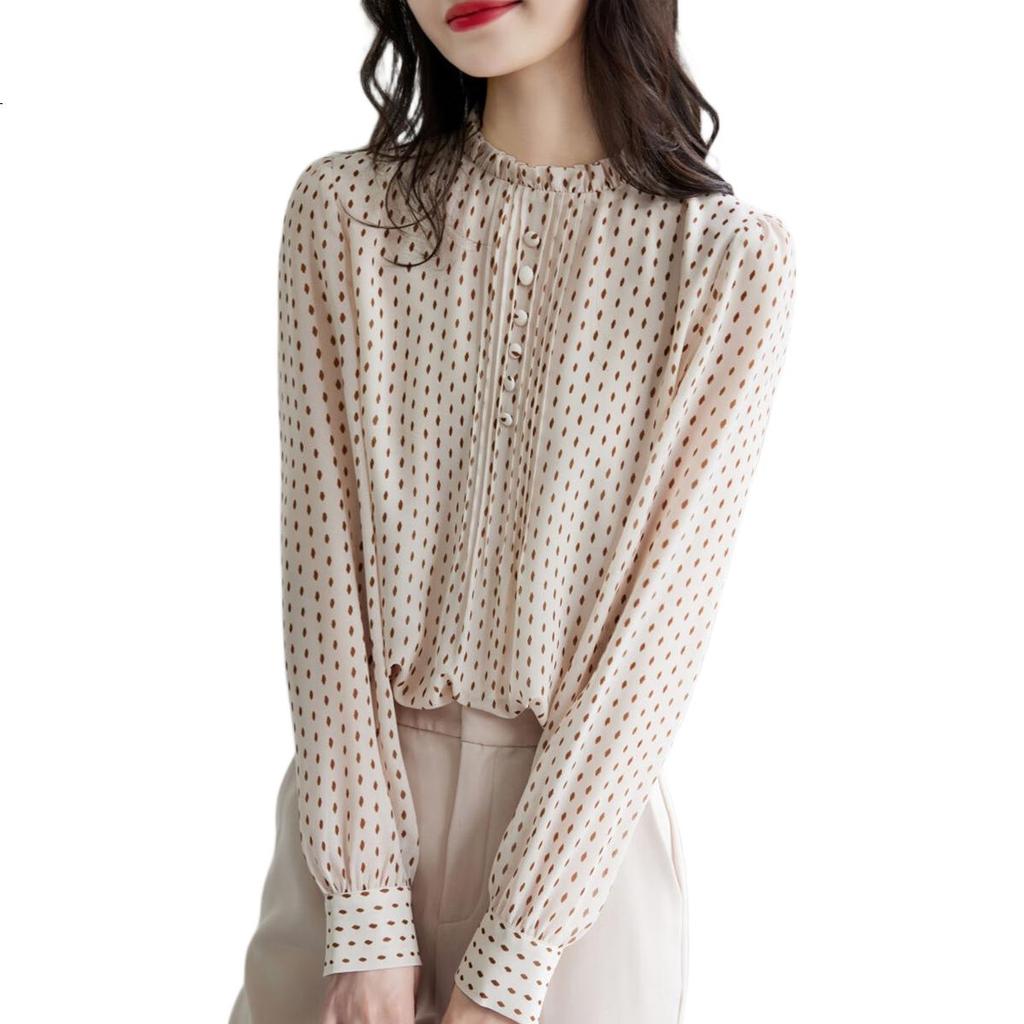 Dme [Polka Dot Puff Sleeve Blouse], Spring And Autumn Stand-Collar Fitted Long-Sleeve Commuter Shirt, Women's Top