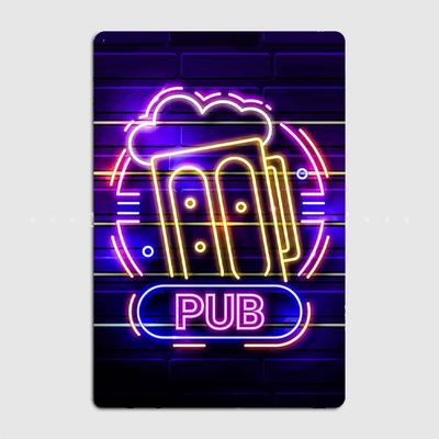 Pub Neon Beer Bar Metal Plate Tin Sign Plaque Vintage Restaurant Home Bar Cafe Kitchen Metal Poster Wall Decor Accessories
