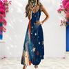 Women Plus Size Off Shoulder V Neck Strappy Sleeveless Star Printed A Line Long Dress