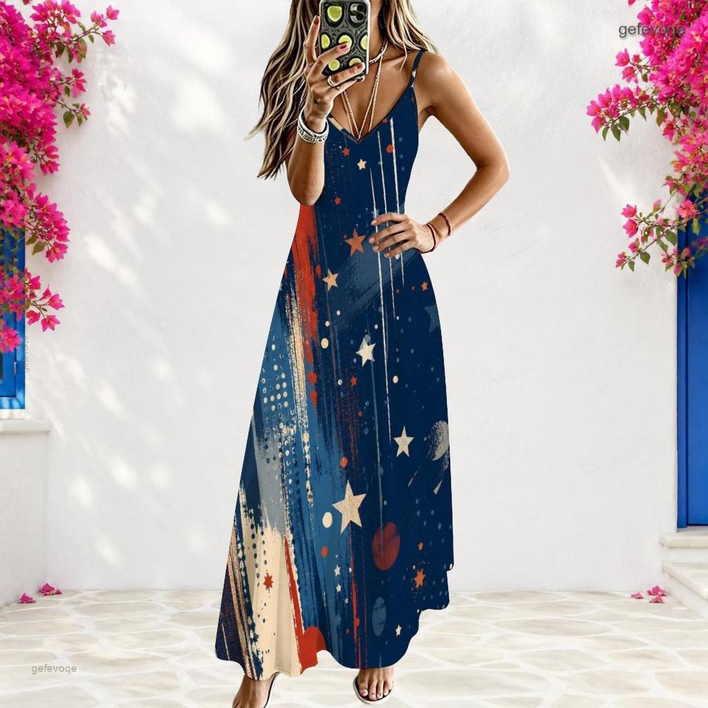 Women Plus Size Off Shoulder V Neck Strappy Sleeveless Star Printed A Line Long Dress