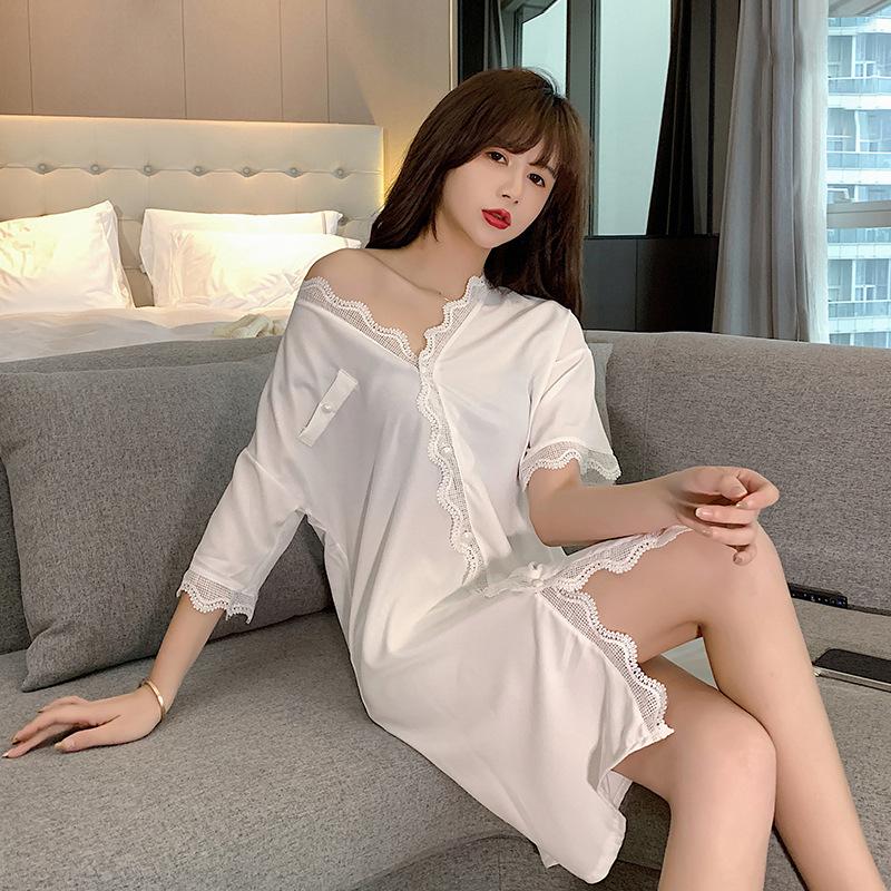 Sexy Lace Nightgown Women's Wavy Lace Short Sleeve Shirt Pajamas Casual Loose Homewear Nightwear