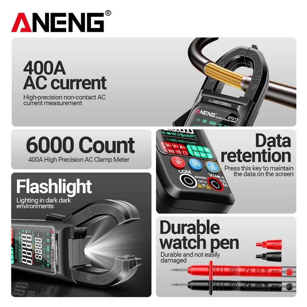 2026 ANENG ST212 DC/AC Current Digital Clamp Meter 6000 Counts 400A Amp Multimeter Large Color Screen Voltage Tester Car Hz NCV Ohm Intelligent Tester