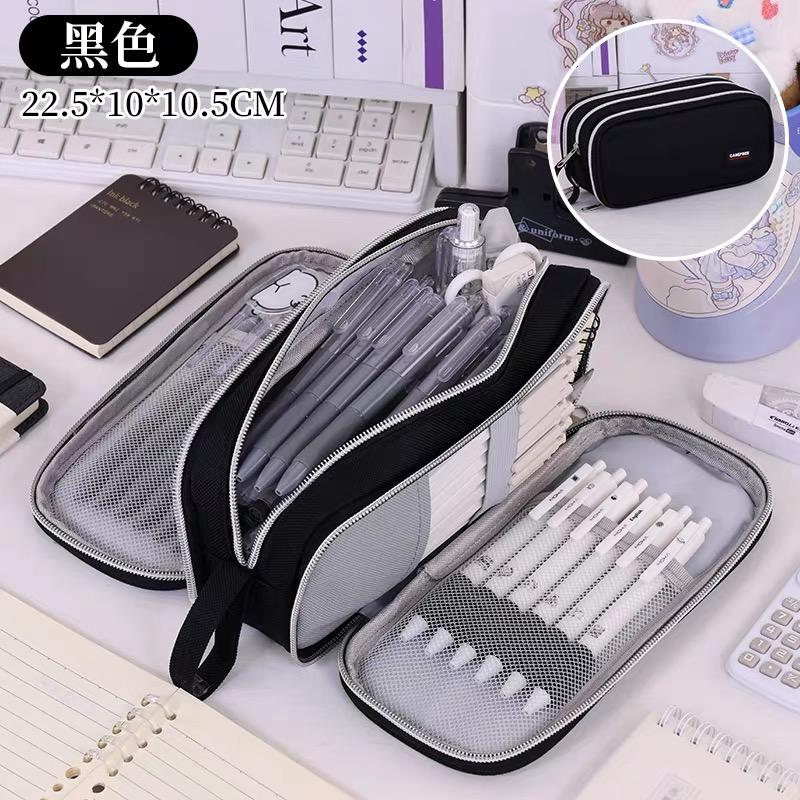 3 Compartment Pouch Double Side Opened Student Stationery Desk Organizer Makeup Bag Kawaii Pencil Case Large Space Storage
