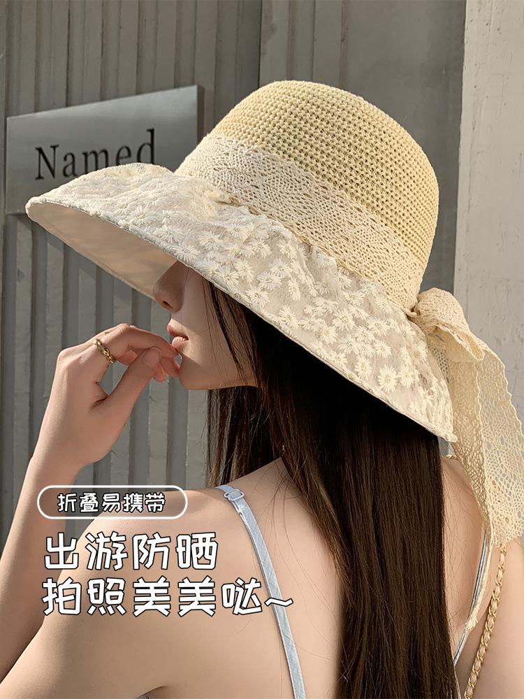 Summer new French lace bow bucket hat women's seaside trip beach sunshade sun hat