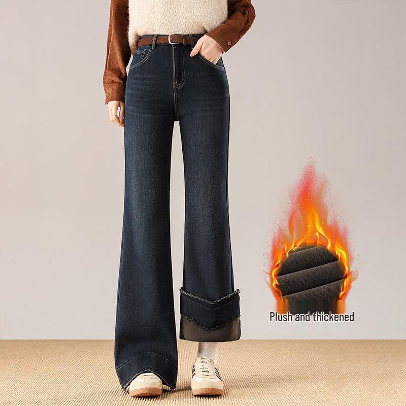 Women s High-Waist Retro Blue Velvet Micro-Flare Jeans - 2025 Winter Bootcut Bodycon Pants 2XL