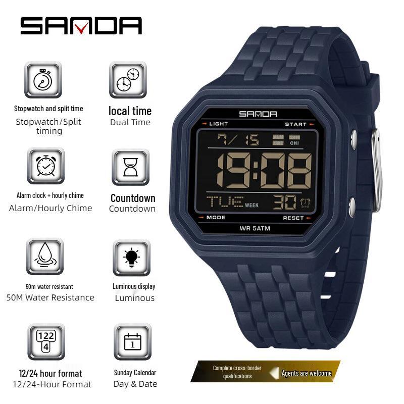 Sanda Waterproof Dual-Time Sports Watch with Countdown & Alarm for Students