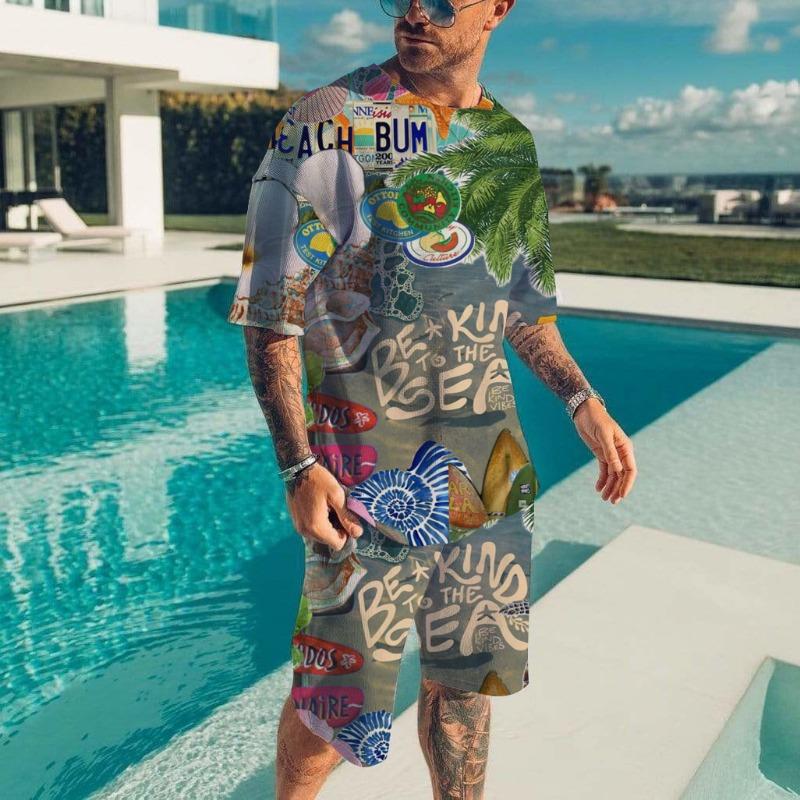 Men's Hawaiian Full Print Suit Casual T-shirt Beach Pants Suit