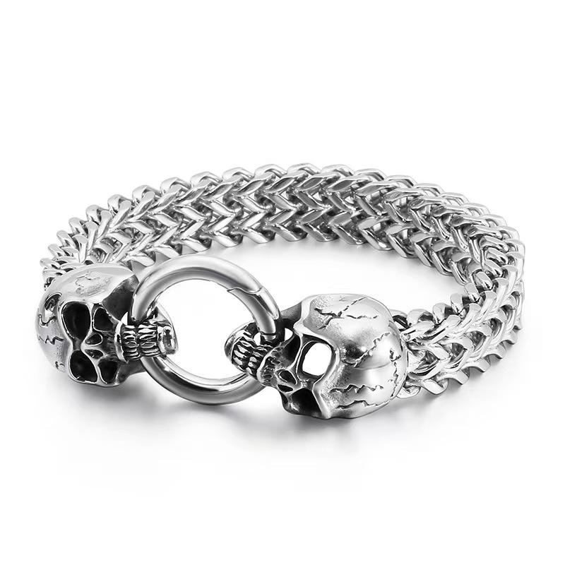 1 men's retro domineering and fashionable double skull men's bracelet with buckle - men's Gothic Cuban chain, fashionable style