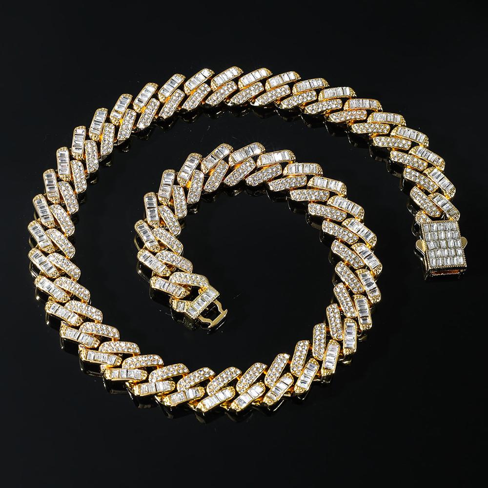 Hip Hop 15mm Chain Baguette Stones Iced Out Rapper Necklace For Men Women Miami Cuban Chain Bracelet Fashion Charm Jewelry Gift