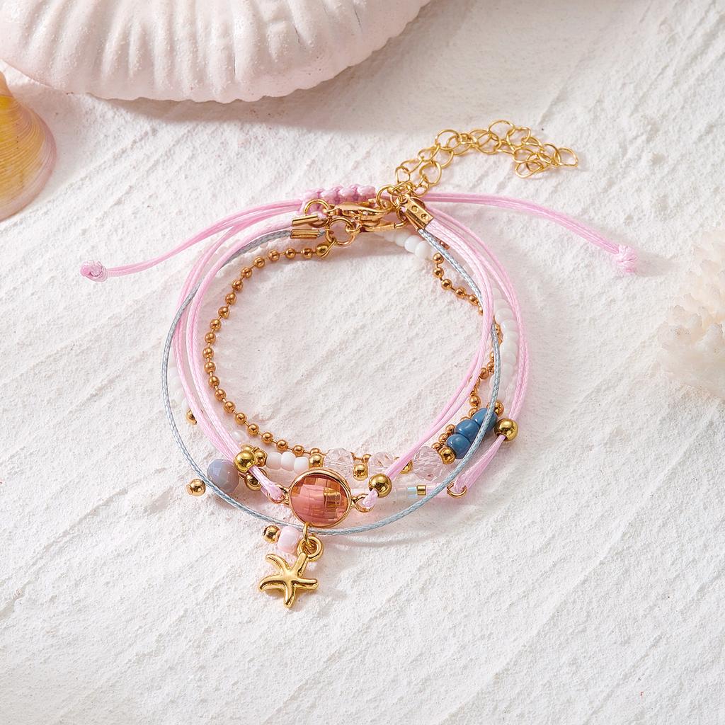 4PCS/Set Sweet And Simple Pearl Star Crystal Bracelet Set for Ladies with Pink Rope Stacking Jewelry Hand Accessory Gift