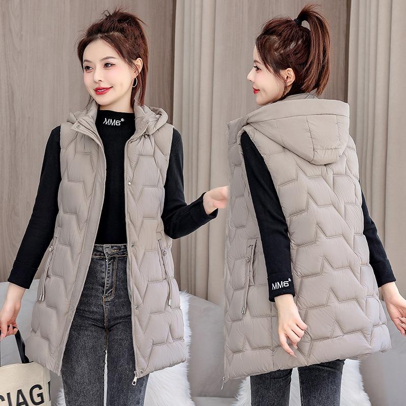 New Autumn and Winter Down Cotton Vest Women's Medium and Long Fashion Hooded Student Vest Vest Vest Jacket Tide