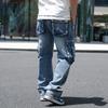 Herren Cargohosen Gewaschen Schwarz Grau Denim Mehrere Taschen Lockere Passform Gerade Beine Hosen