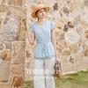 Fragrant Blue Linen Lightweight Shirt for Women, 2026 Summer New Style French V-neck Shirt, Slim Fit Waist Pinching Top