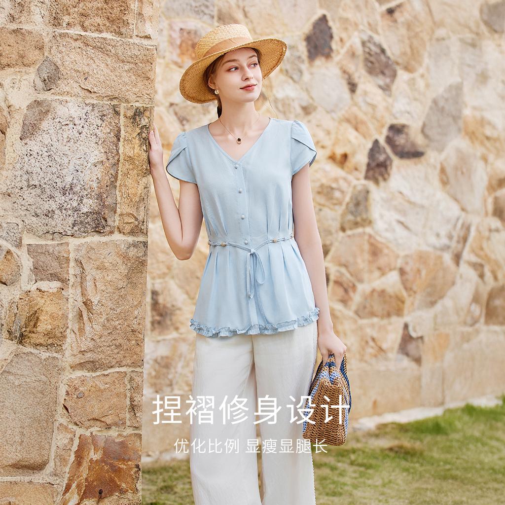 Fragrant Blue Linen Lightweight Shirt for Women, 2026 Summer New Style French V-neck Shirt, Slim Fit Waist Pinching Top