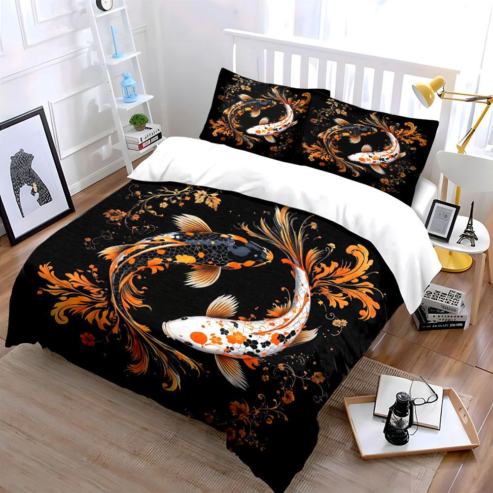 Koi Fish Decorative Art Set Soft Comfortable Duvet Cover Bedding Set Included 1*Duvet Cover & 2*Pillowcases, Gift