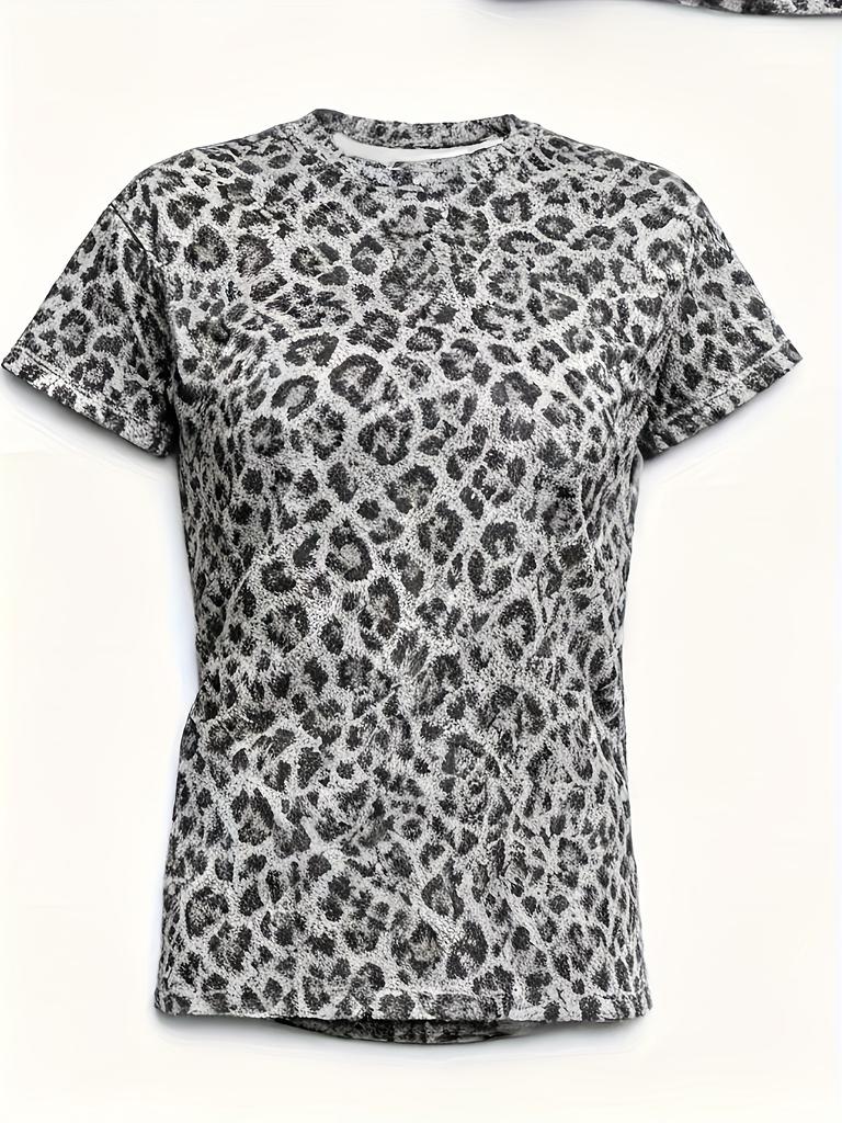 Leopard Print Women's Sportswear Round Neck Short Sleeve Summer Sweatshirt T-Shirt