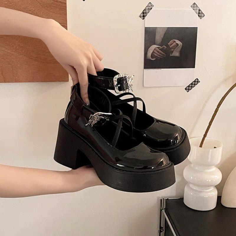 Coarse Heel Round Head Cross Strap Autumn New Buckle Small Leather Shoes Student Black Single Shoes