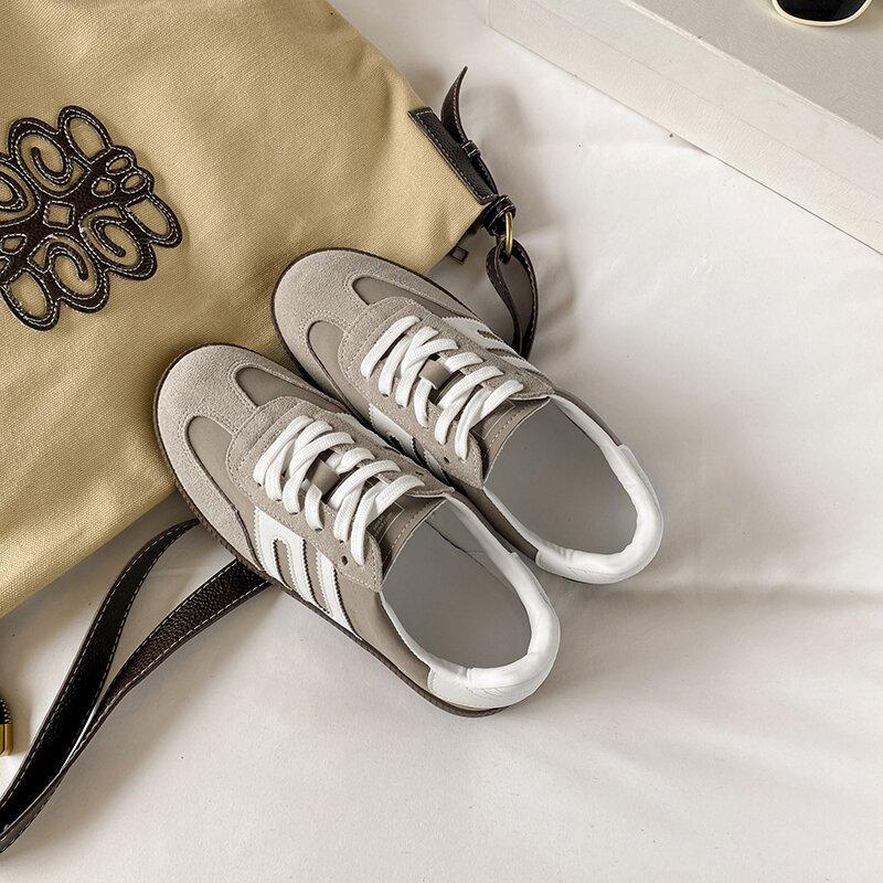 Retro contrasting color German training shoes women's spring new leather American casual lace-up flat-bottomed sports Forrest Gump shoes board shoes