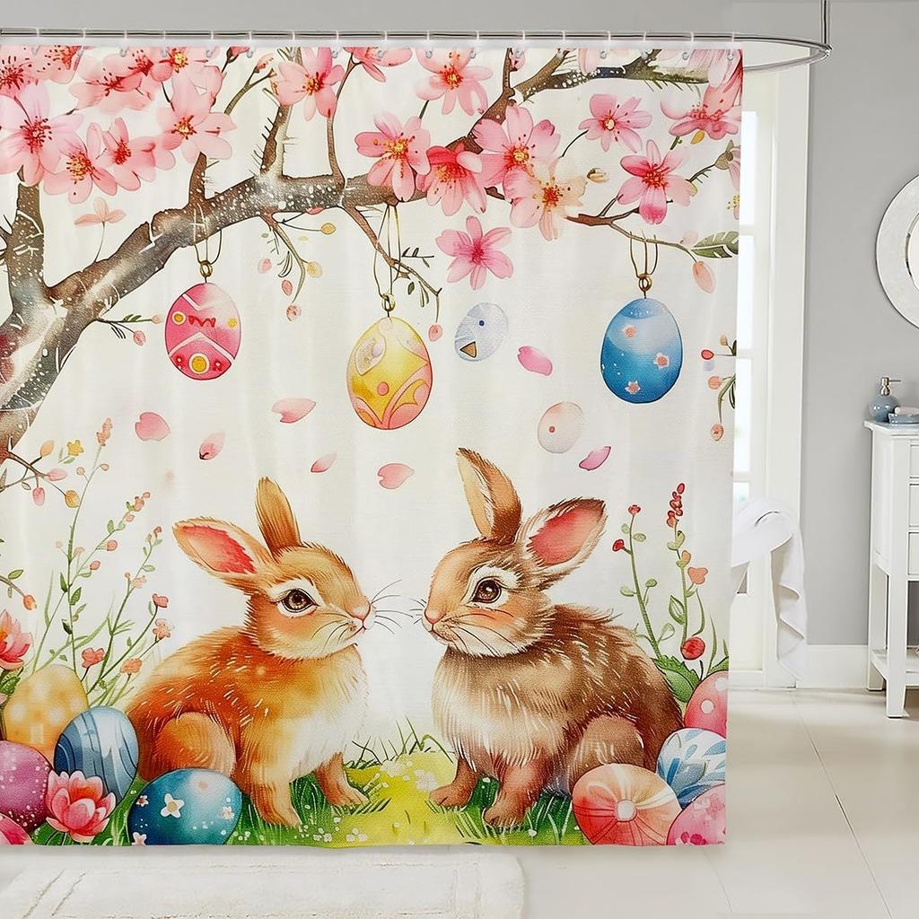 Easter Rabbit Bath Curtain Cute Bunny Shower Curtain For Kids Boys Girls Watercolor Eggs Bathroom Decor Pet Animals Bathroom