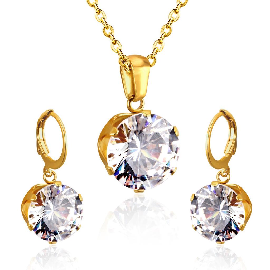 Titanium Steel Round Crystal Rhinestone Necklace And Earrings Set Fashion Jewelry Two Piece