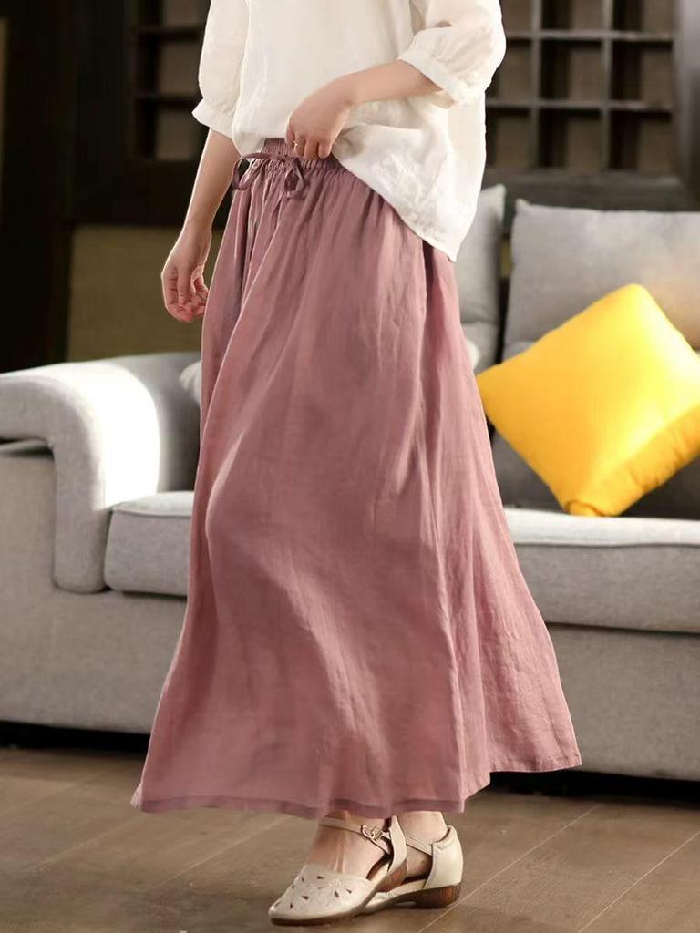 Johnature Women Vintage Patchwork Skirts Solid Color Elastic Waist Cloths Summer Loose Belt Female Skirts