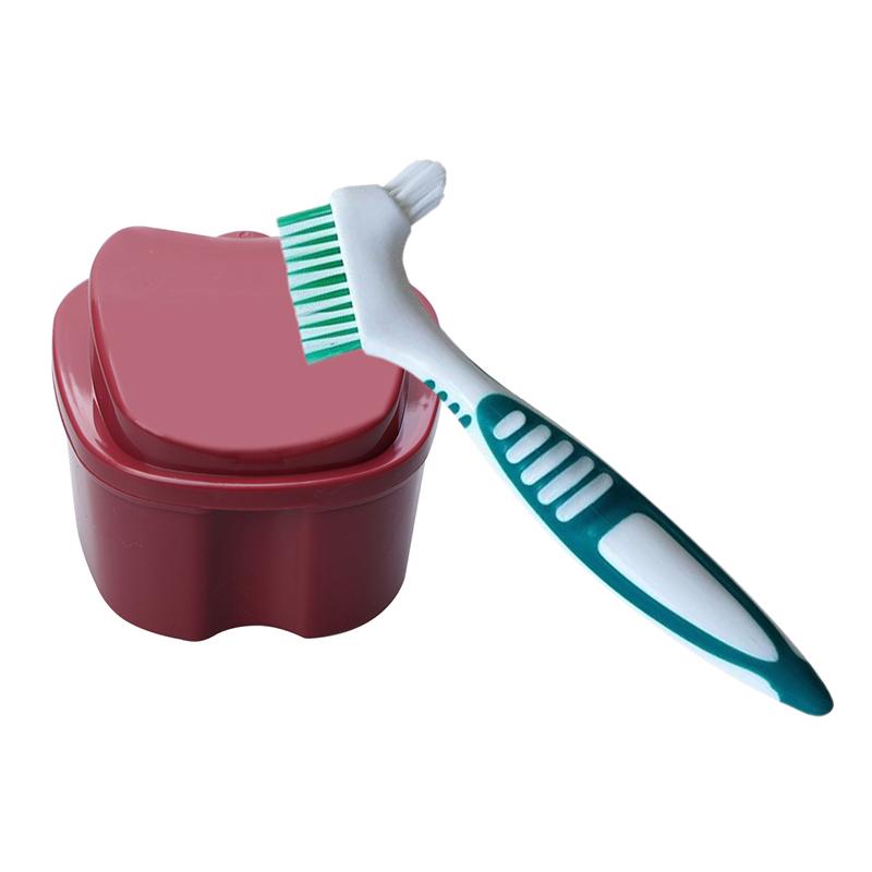 Travel Double Layer Denture Storage Box With Cleaning Brush Oral Care Container Non Slip Handle Denture Toothbrush