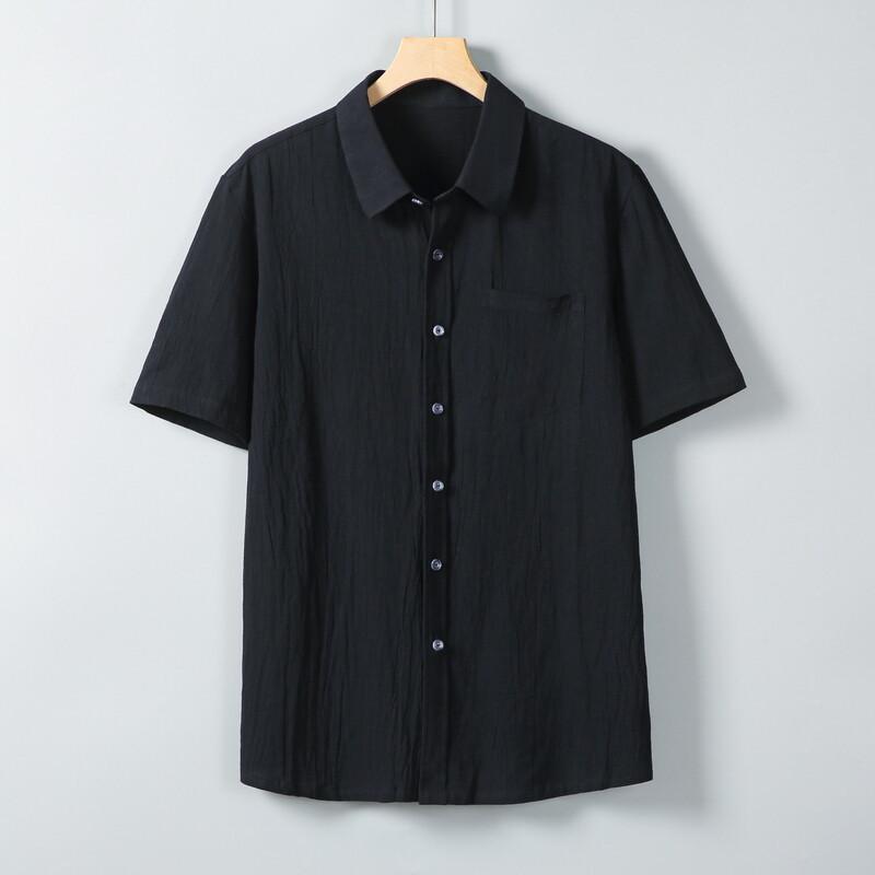 Summer Lightweight Cotton Linen Men s Short Sleeve Shirt Loose Casual Pure Color Breathable Fashionable Top 3XL чёрный
