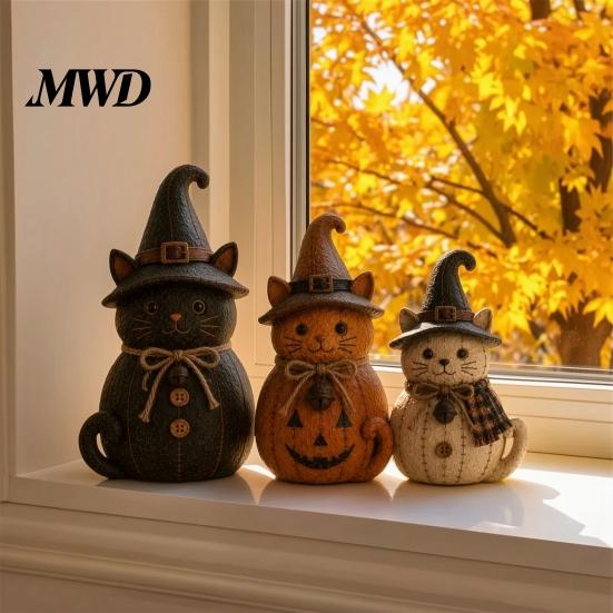 Retro Pastoral Style Ornaments 3Pcs Halloween Witch Cat Dog Statues, Resin Rustic Farmhouse Indoor Autumn Room for Thanksgiving, Table Fireplace