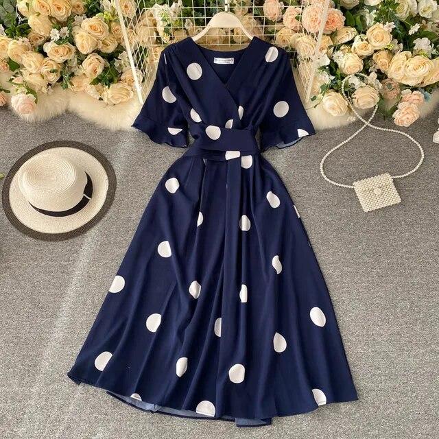 Moda Polka Dot Baskılı Kadın Elbise Yaz Zarif Vintage Bandaj İnce Bel Büyük Salıncak Uzun Parti Elbisesi