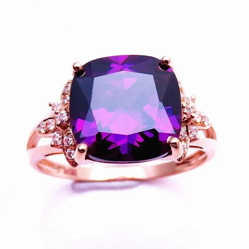 Original Design High Quality Glossy Light Luxury Purple Gems Ring Rose Gold Square Amethyst Rings for Women Wedding Zircon