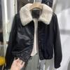 Fleece Leather Jacket Fur Jacket Women's Leather Thickened Jacket Spring and Autumn Small Man Big Fur Collar Short Top