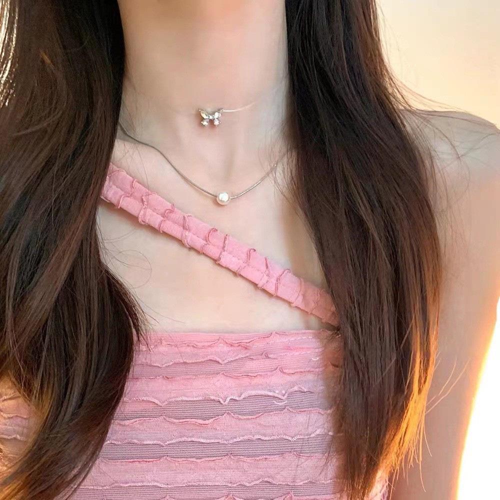 Pearl Zircon Butterfly Necklace Set: Elegant Korean Clavicle Chain with Super Fairy Design for Women