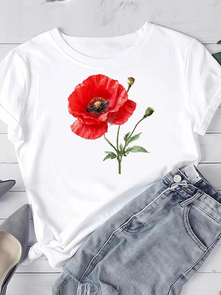 (Asian Size) Watercolor Flower Cute Short Sleeve Tee Clothing T Shirt Woman Women Fashion Top Print Female Graphic T-shirts