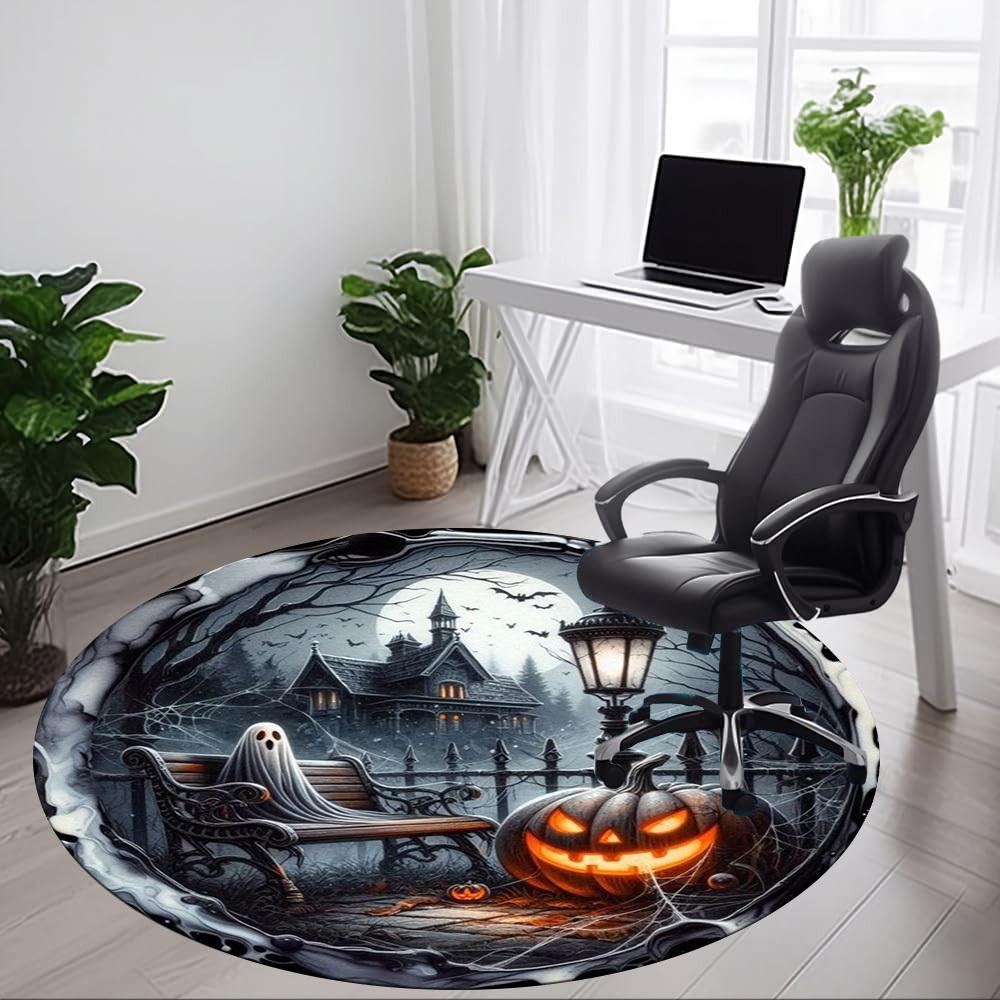 1pc Haunted House Scene Chair Carpet for Office, Round Polyester Mat, Indoor Decor for Office, Easycare Fabric, Washable Non-slip Area Carpet