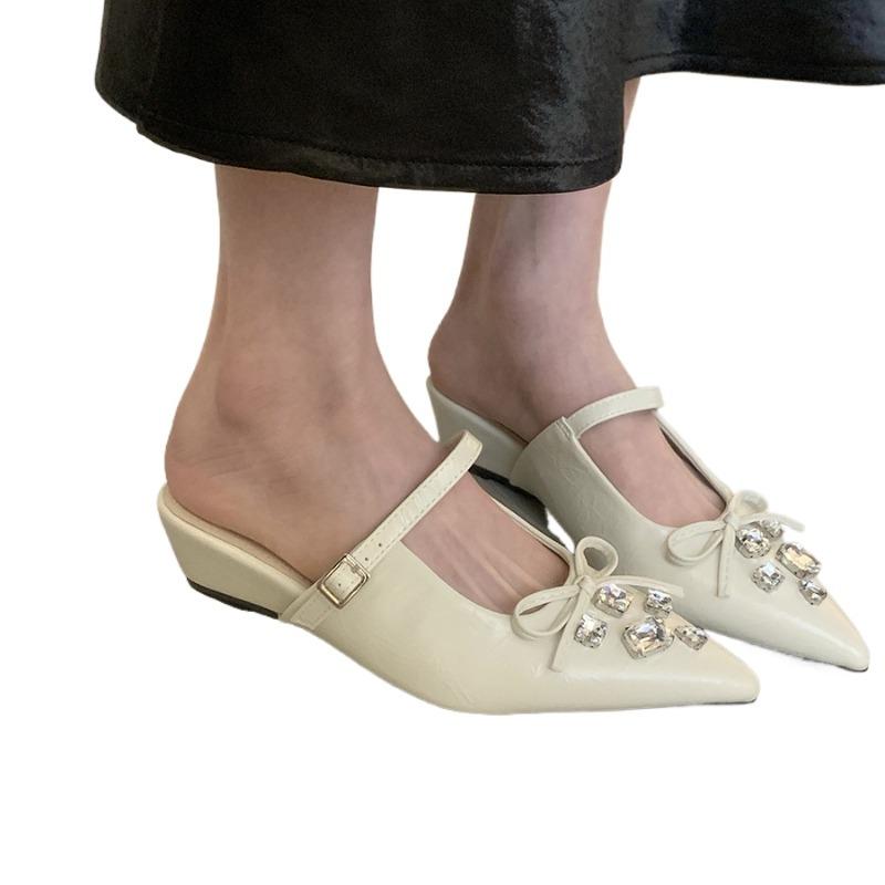 Fashion Hot Selling 2025 Elegant Butterfly Knot Water Diamond Head Cover Half Slippers Women Summer Skirts Slope Heel Fairy Slippers