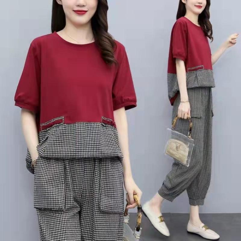 Sommer Trend T-Shirts Sets Damen Koreanischer Stil Persönlichkeit Tasche Kariert Kurzarm T-Shirt Lässige Hose Baggy Hose 2-teiliges Set