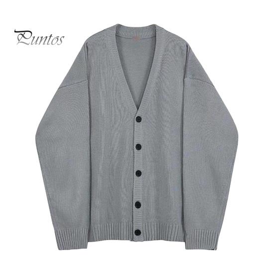 Осень-зима мужской свитер кардиган с V-образным вырезом трикотажный толстый эластичный длинный рукав свободный стиль преппи теплый однотонный трикотаж повседневная одежда свитер пальто M светло-серый