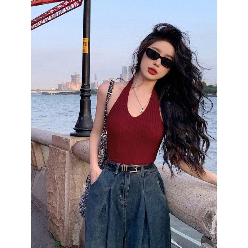 

Fashion Red V-neck Sexy Backless Spaghetti Straps Halterneck Burgundy S