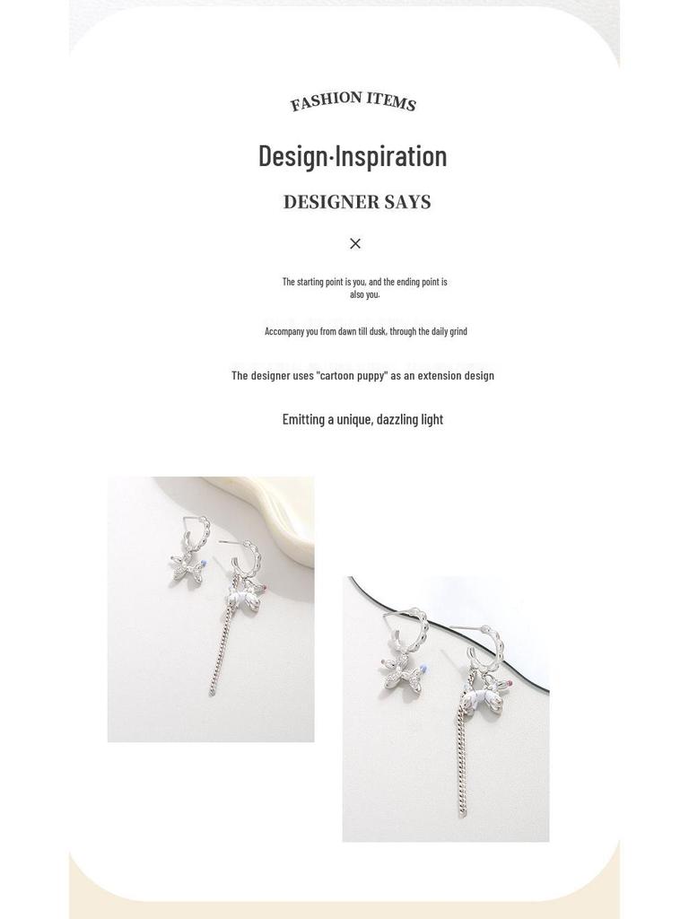 Charming White Puppy C-Shaped Tassel Dangle Earrings - 925 Sterling Silver for Women