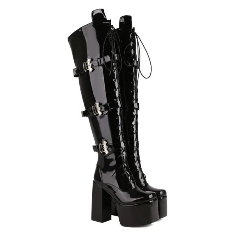Fashion New Belt Buckle Cross Strap Elegant Black Over The Knee Boots Hot Girl Sexy Punk Style Pole Dance Fashion High Heels Shose 35-44