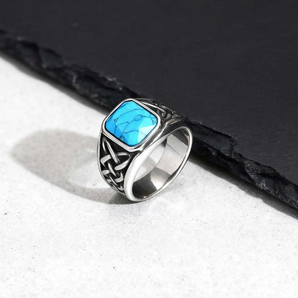 Punk Vintage Ethnic Rings for Men Retro Viking Knot Rune Finger Band Black Geometric Square Stone Signet Ring