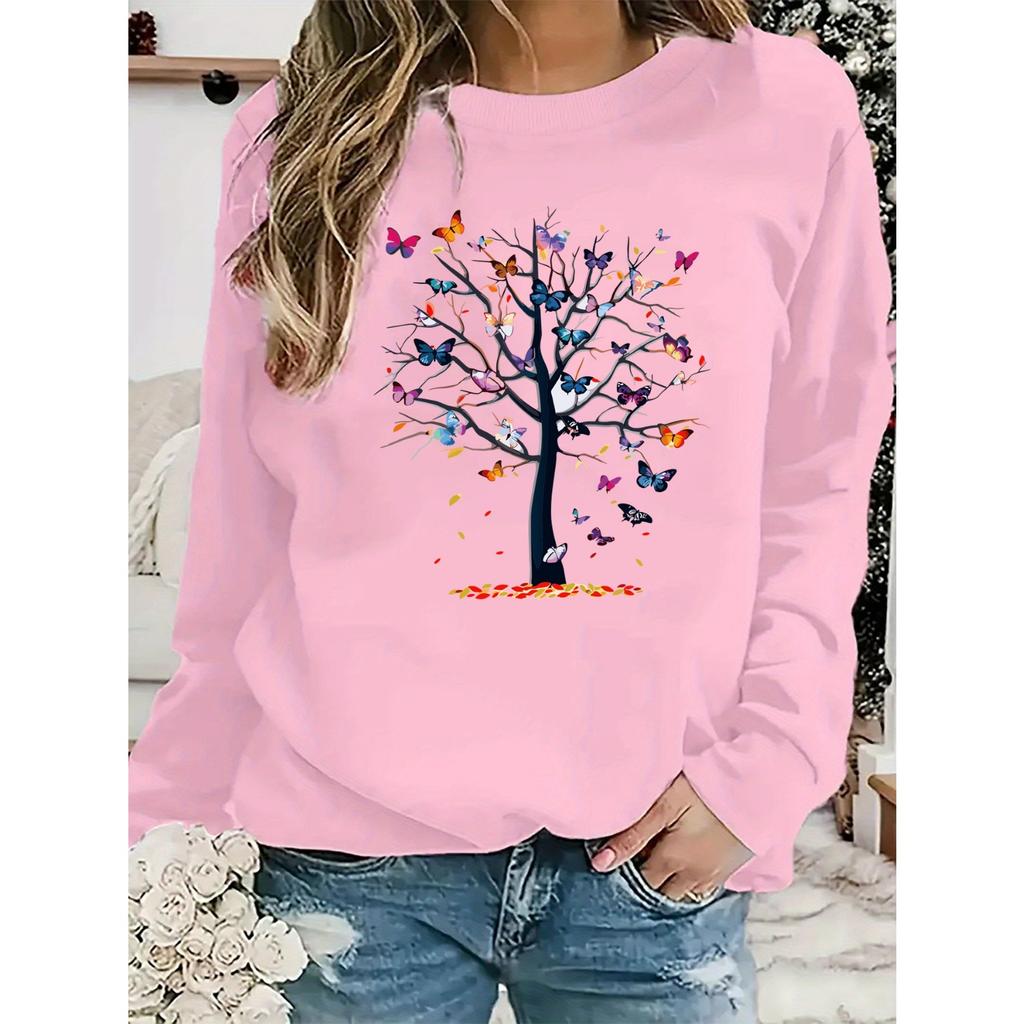 Women's autumn and winter casual loose and comfortable warm butterfly tree printed round neck long sleeved pullover sweater