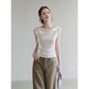 Light Apricot Irregular Ruffle Edge Slanted Shoulder Short-sleeved T-shirt Women's Summer New Slim-fit Design Small Fly-sleeved Short Top