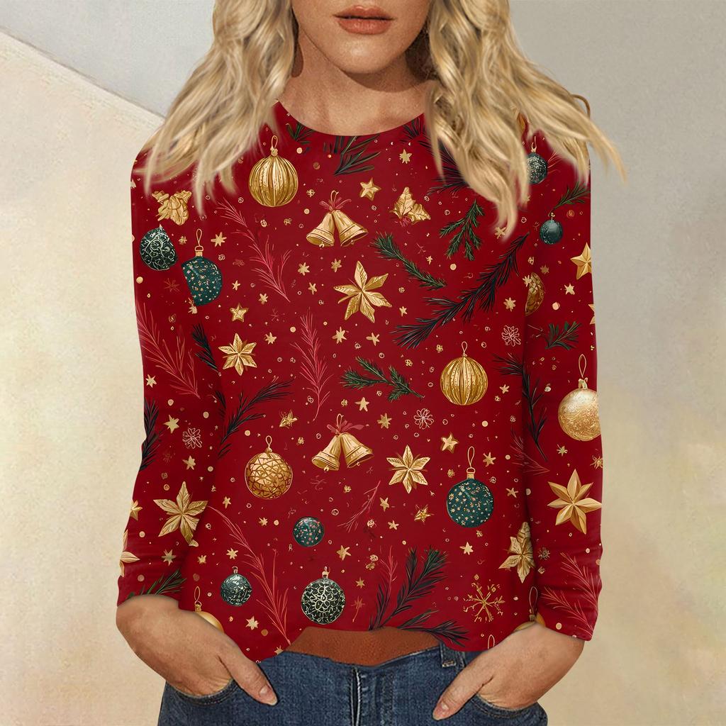 Mote for kvinner, avslappet juleprintet genser med rund hals og lange ermer