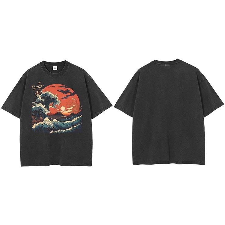 Men Washed Black TShirt Harajuku Streetwear Sun Wave Graphic T Shirt Cotton Japanese Ukiyoe Tshirt Hipster Tops Tee Unisex