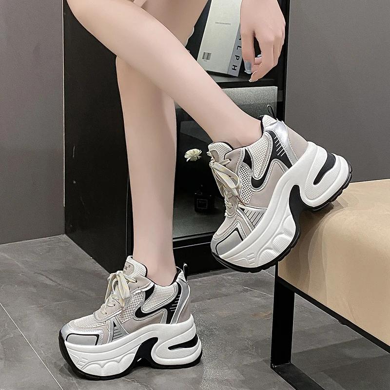 Fashion High Platform Sneakers For Women New 2024 Autumn Mesh Shoes Comfortable Casual Chunky Shoes 10CM Wedge Heels Breathable Sneakers