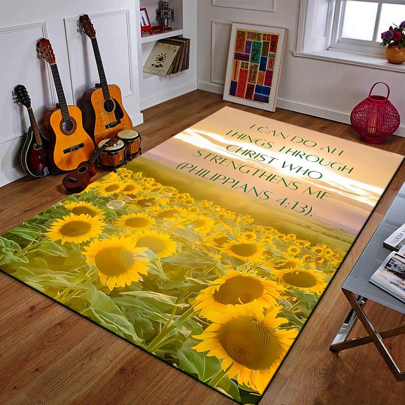 Christian Quote with Sunflower Field Patterned Carpet a Non Slip Rug Suitable for All Seasons and Any Setting, Gift