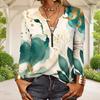 Women Plus Size Half Zipper Round Neck Long Sleeve Green Abstract Printed T Shirt