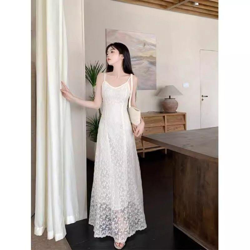 Spot French embroidered lace suspender dress women's summer temperament first love seaside vacation beach dress