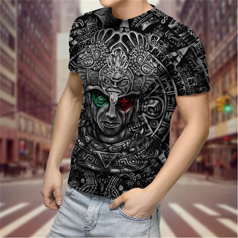 Summer Round Neck 3D Aztec Style Pattern Print Top Fashionable Casual Short Sleeved Men's T-shirts